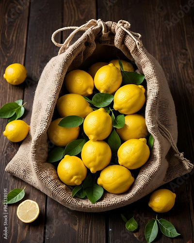  Saco con limones dentro sobre una mesa de madera photo