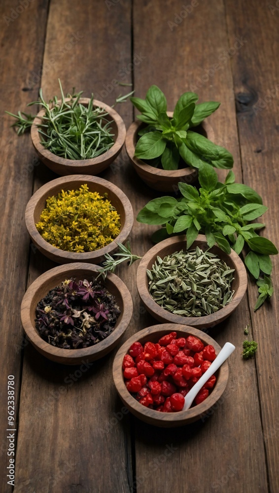 Herbal Clusters - A collection of fresh herbs labeled and arranged on a wooden table. Herbal Clusters - A collection of fresh herbs labeled and arranged on a wooden table.