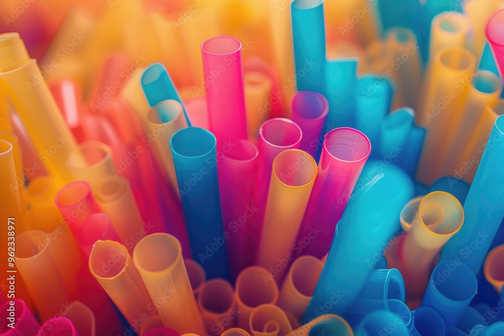 A collection of variously colored plastic straws piled together A collection of variously colored plastic straws piled together