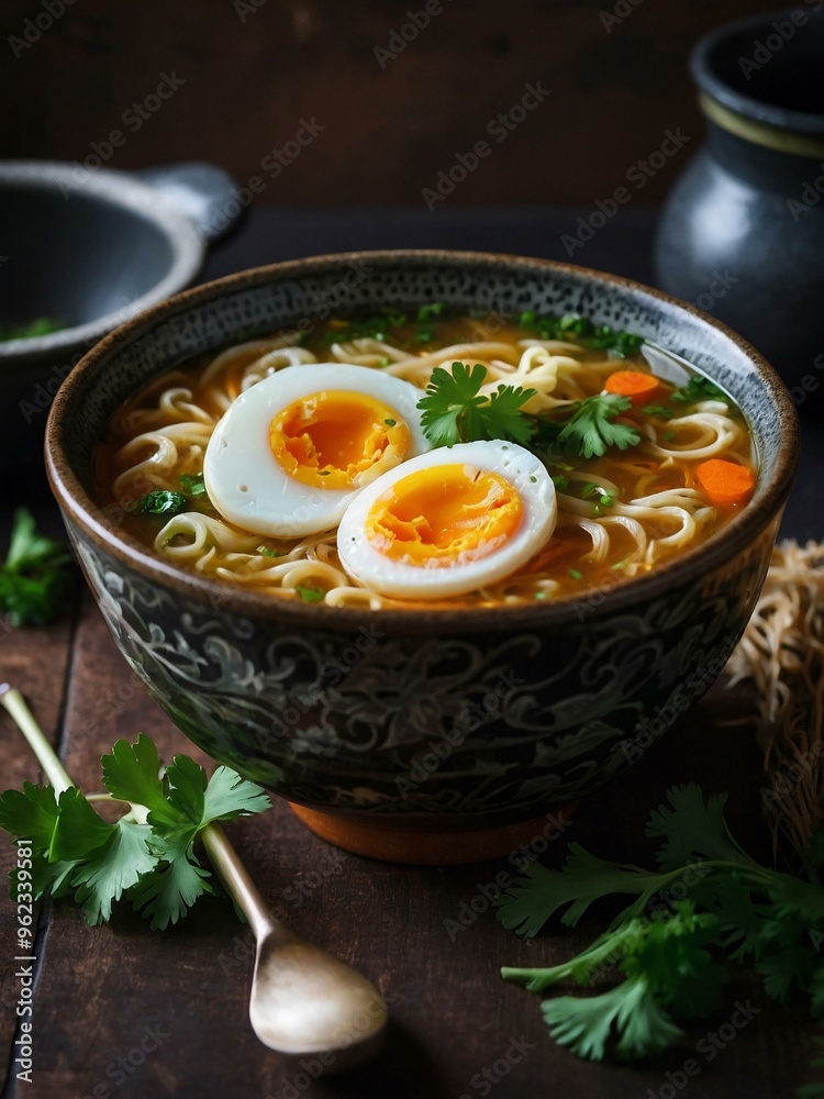 Homemade Oriental ramen noodle soup with egg, carrot, onion, and parsley, a nutritious vegan meal, with space for text or design. Homemade Oriental ramen noodle soup with egg, carrot, onion, and parsley, a nutritious vegan meal, with space for text or design.