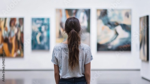 Woman Observing Artwork in Gallery