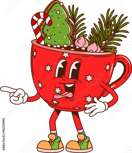 Cartoon groovy Christmas eggnog character. Cute red cup filled with eggnog drink, gingerbread cookie, candy cane and festive decorations. Isolated vector mug with star pattern ready for holiday fun