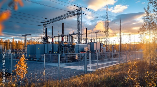 Electrical Substation An industrial substation with transformers, circuit breakers, and high-voltage lines managing power distribution to the plant. Metal structures and safety fences surround the are photo