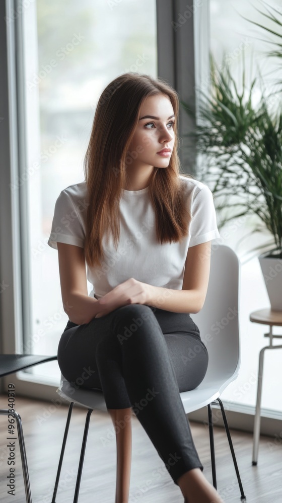 Thoughtful Young Woman in Modern Interior