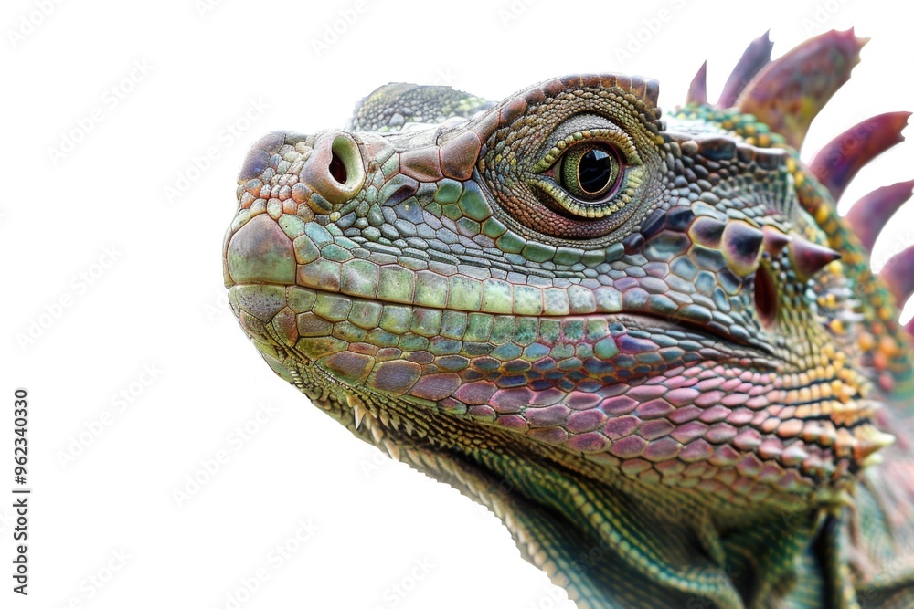 A close-up shot of a lizard's face against a white background, perfect for use in scientific or educational contexts A close-up shot of a lizard's face against a white background, perfect for use in scientific or educational contexts