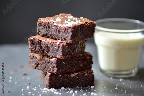 A stack of fudgy vegan chocolate brownies, topped with a sprinkle of sea salt and a side of almond milk photo