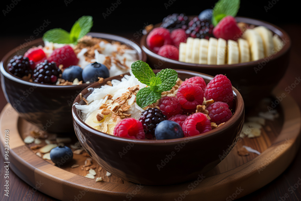 Acai bowls topped with fresh fruit, granola, and honey, a refreshing and nourishing snack choice. Concept of exotic indulgence. Generative Ai. Acai bowls topped with fresh fruit, granola, and honey, a refreshing and nourishing snack choice. Concept of exotic indulgence. Generative Ai.