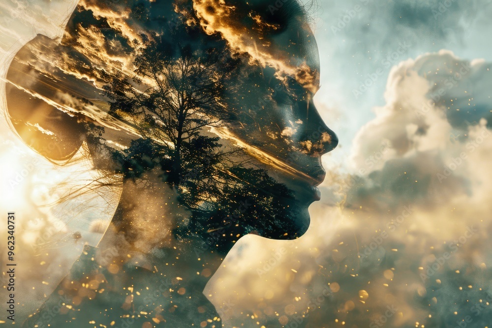 A unique photo of a woman with a tree branch or leaves in her hair, suitable for use in nature-inspired designs or as a creative expression of environmental connection A unique photo of a woman with a tree branch or leaves in her hair, suitable for use in nature-inspired designs or as a creative expression of environmental connection