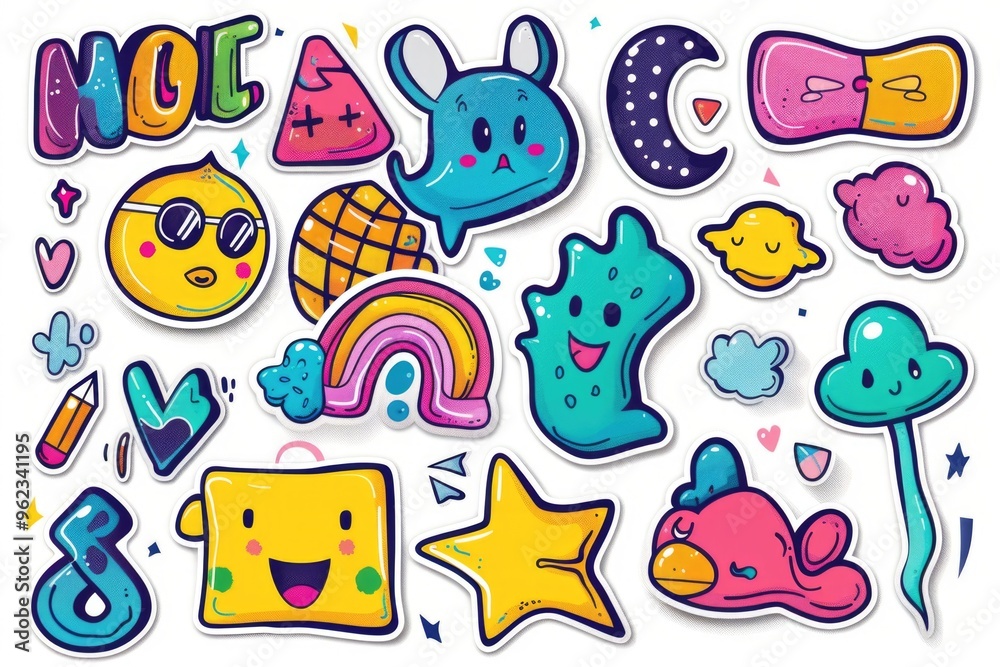 A collection of colorful stickers on a white surface, perfect for creative projects and designs A collection of colorful stickers on a white surface, perfect for creative projects and designs