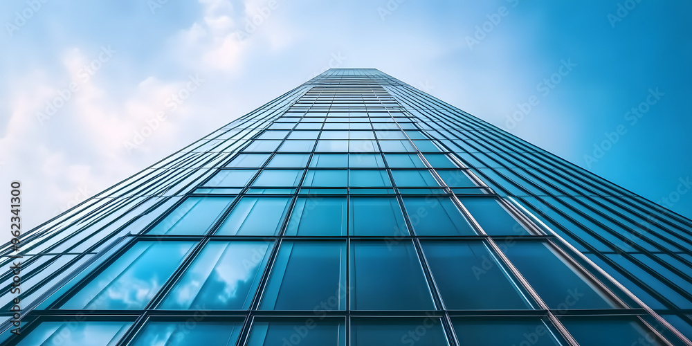 A tall building with a blue sky in the background A tall building with a blue sky in the background
