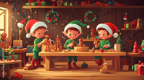 Christmas elves making toys in the workshop. Elf. Illustration photo