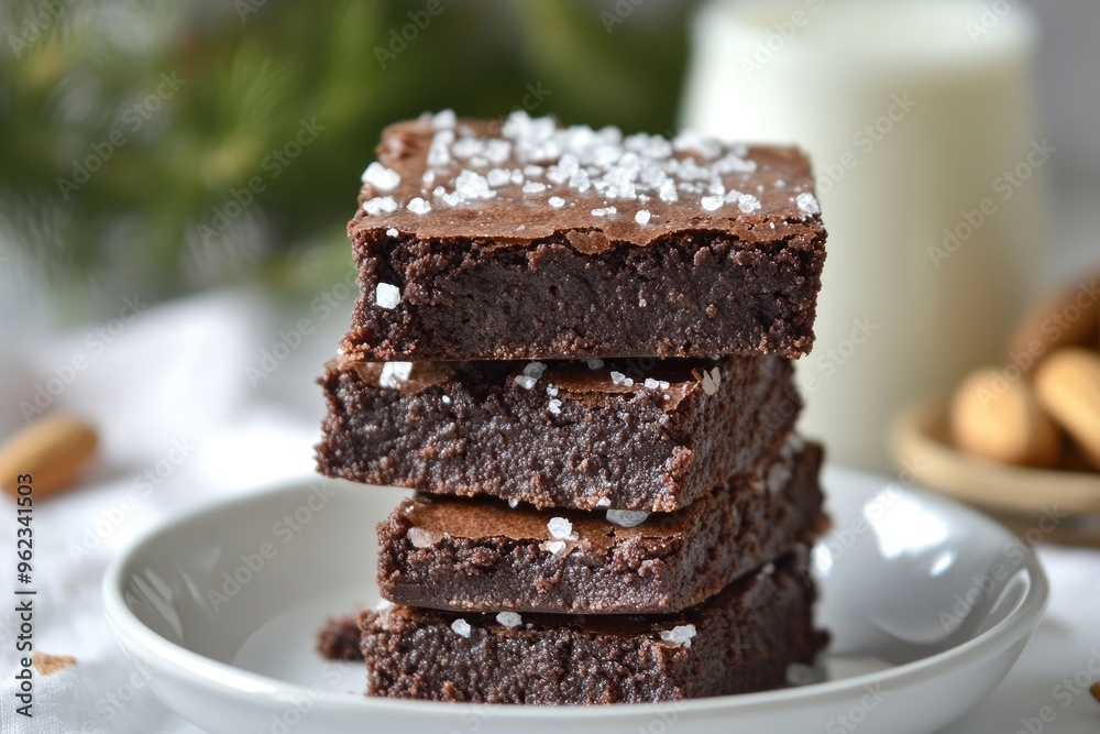 A stack of fudgy vegan chocolate brownies, topped with a sprinkle of sea salt and a side of almond milk