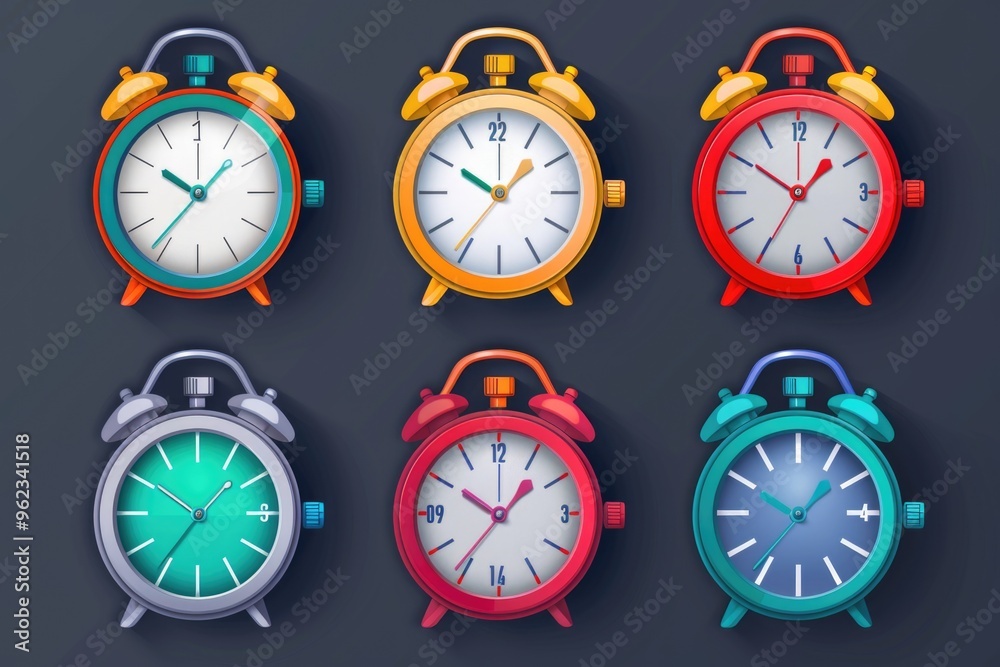 A variety of colorful clocks displayed against a dark backdrop, ideal for use in designs related to time, schedules, and planning A variety of colorful clocks displayed against a dark backdrop, ideal for use in designs related to time, schedules, and planning