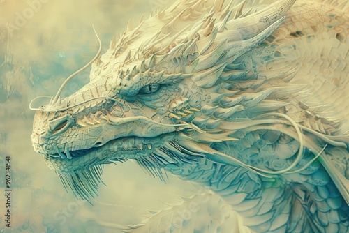 Close-up view of a dragon's head against a bright blue sky background