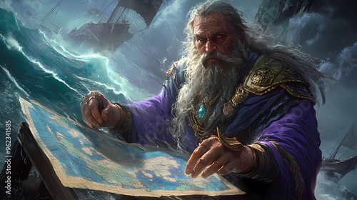 Digital painting of the sorcerer manipulates the sea map conjuring storms to deter enemy ships. Sorcerer. Illustration