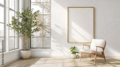 Elegant frame mockup in a bright room with large windows and sunlight casting soft shadows