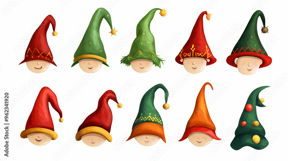 A collection of funny hats. elf hats set isolation on white background. illustration. Elf. Illustration A collection of funny hats. elf hats set isolation on white background. illustration. Elf. Illustration