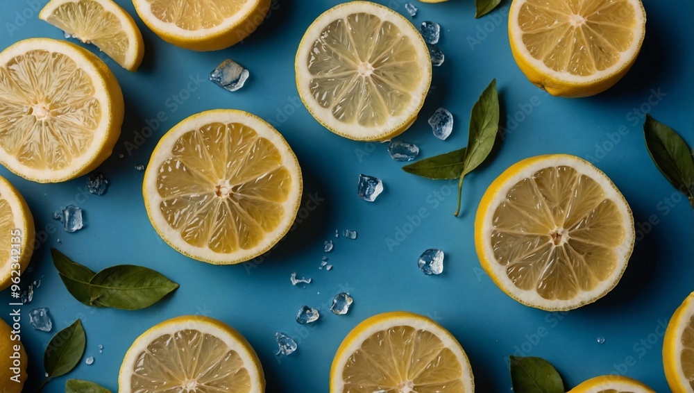 Juicy lemon slices on a blue backdrop, with space for text, ideal for summer celebrations or birthdays.