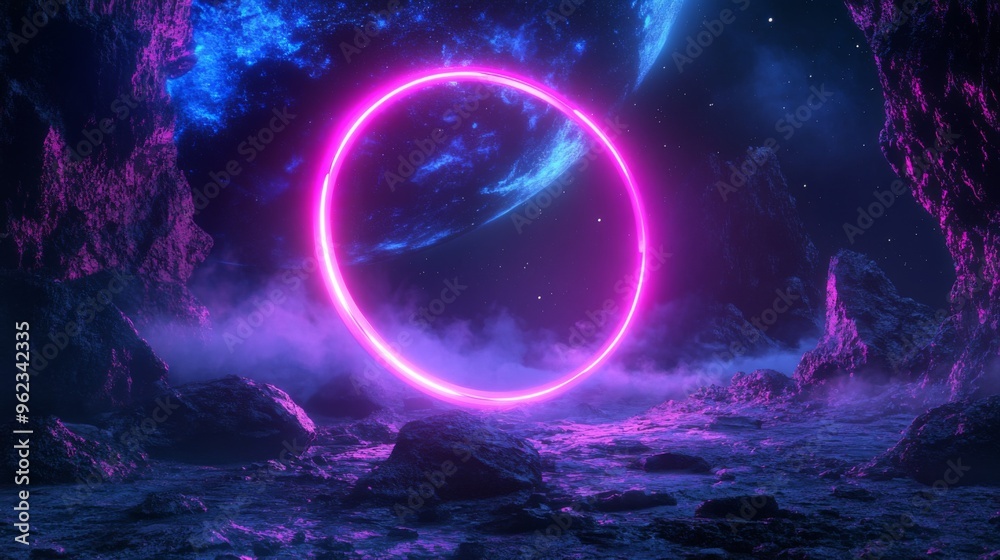 Obraz premium Neon Portal in Cosmic Landscape