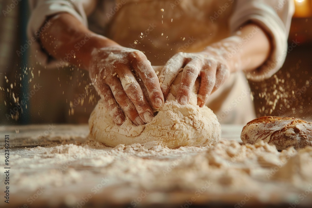 Closeup of a baker's hands kneading sourdough on a flour-covered table. Closeup of a baker's hands kneading sourdough on a flour-covered table.