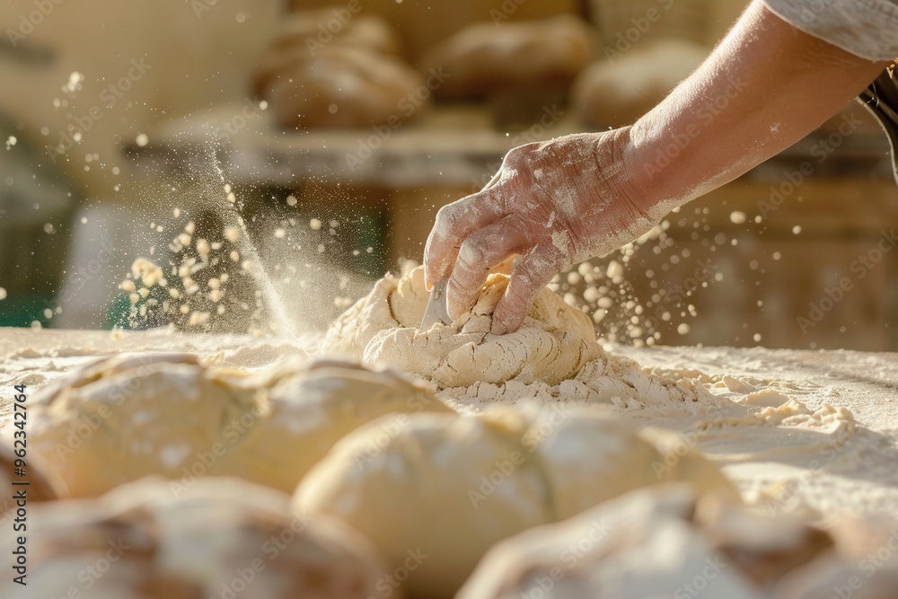 Sourdough preparation on a flour-covered surface, female baker's hands working in closeup.. Sourdough preparation on a flour-covered surface, female baker's hands working in closeup..