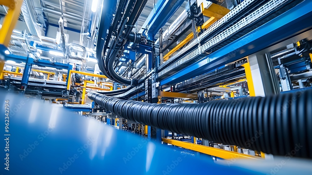 Cable Tray System A system of cable trays mounted along the ceiling, carrying large bundles of electrical cables throughout the plant. The cables are neatly arranged, with connectors running to variou Cable Tray System A system of cable trays mounted along the ceiling, carrying large bundles of electrical cables throughout the plant. The cables are neatly arranged, with connectors running to variou