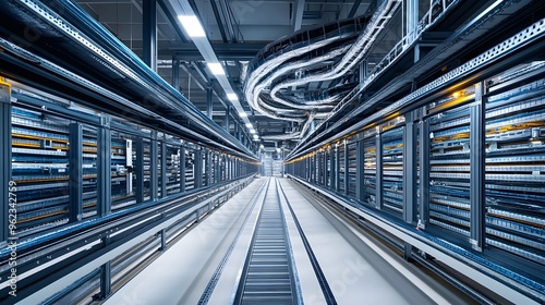 Cable Tray System A system of cable trays mounted along the ceiling, carrying large bundles of electrical cables throughout the plant. The cables are neatly arranged, with connectors running to variou photo