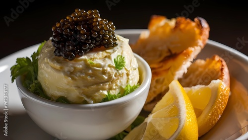 A photo of a creamy egg salad in a small bowl, topped with black caviar. The bowl is placed on a white plate, with toasted bread slicesand lemon wedges on the side. The egg salad has a pale yellow col