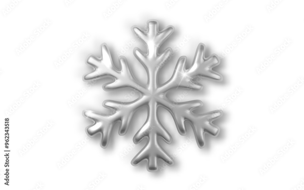 Silver snowflake isolated. 3d realistic winter symbol on white background. Christmas metallic shiny decoration PNG.