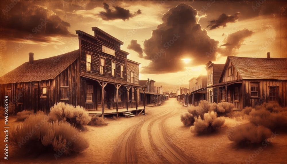 Fototapeta premium Classic wild west town with vintage buildings, deserted streets, and a warm sunset casting long shadows, creating a timeless scene reminiscent of historic American frontier settlements.
