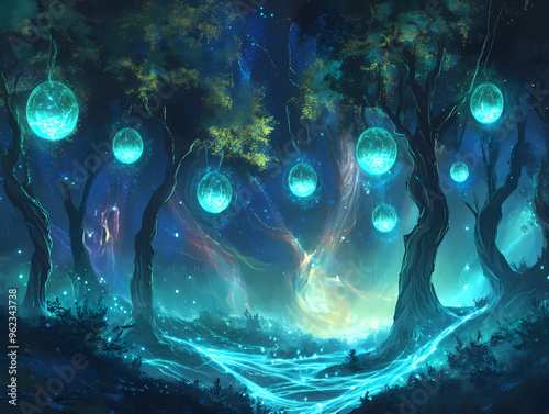 Mystical bioluminescent forest with glowing orbs and luminescent trees, creating a surreal, dreamlike atmosphere with blue and violet lights illuminating the night landscape photo