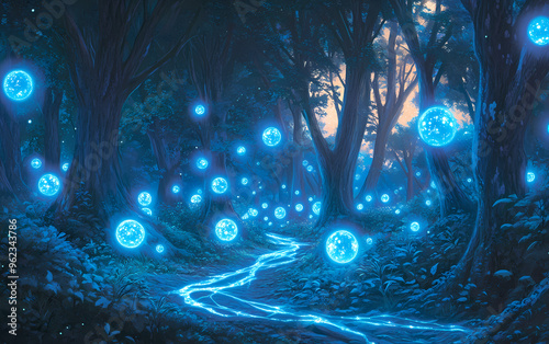 Mystical bioluminescent forest with glowing orbs and luminescent trees, creating a surreal, dreamlike atmosphere with blue and violet lights illuminating the night landscape photo