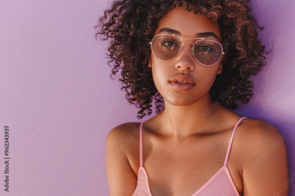 Fototapeta premium A woman wearing glasses and a pink top, suitable for use in office or everyday life settings