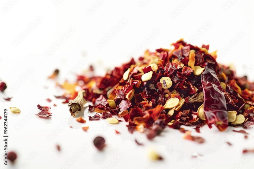 A collection of dried red peppers arranged on a white background, perfect for use in food or still life photography A collection of dried red peppers arranged on a white background, perfect for use in food or still life photography