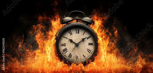 Time pressure or race against time concept. Clock in a fire, a few intense flames, withe clock display