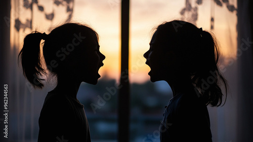 Silhouette Sisters or Female Friends Arguing & Yelling At Each Other