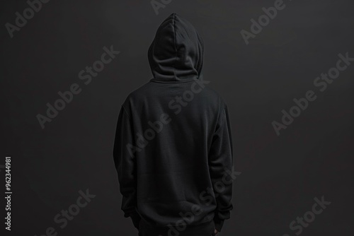 A man wearing a black hoodie stands in front of a dark background, offering a simple yet mysterious scene