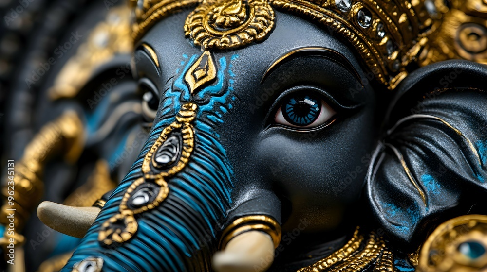 Fototapeta premium Closeup of Ganesha Statue with Blue and Gold Details
