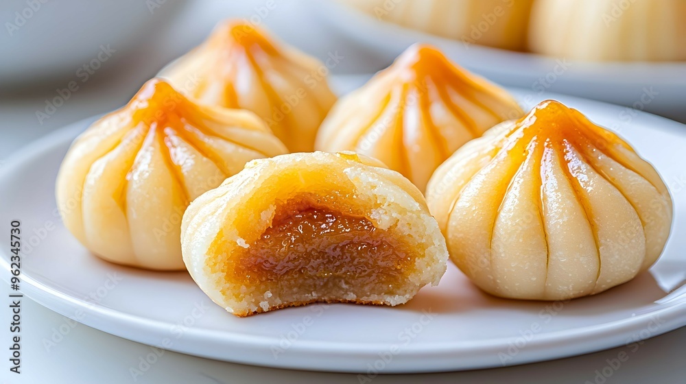 Delicious Sweet Dumplings with Caramel Glaze on White Plate Delicious Sweet Dumplings with Caramel Glaze on White Plate
