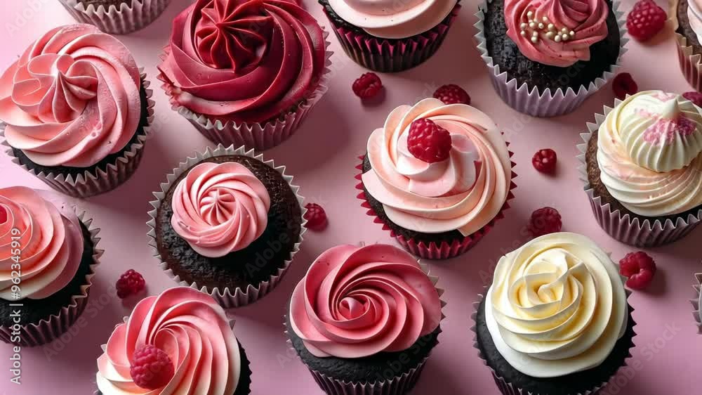 Tasty cupcakes with colorful cream on pink background. Raspberry, chocolate, cherry and blueberry. Confectionery menu. Sweet dessert for event, party, birthday. Flat lay, top view Tasty cupcakes with colorful cream on pink background. Raspberry, chocolate, cherry and blueberry. Confectionery menu. Sweet dessert for event, party, birthday. Flat lay, top view