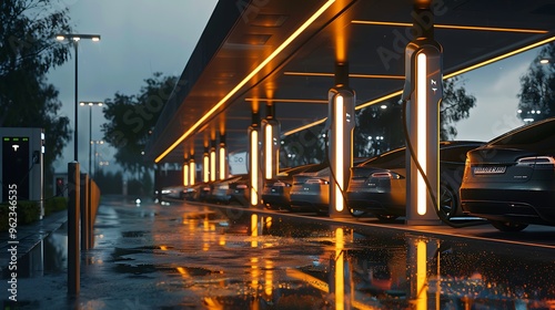 An electric vehicle charging station with multiple cars being charged, under a modern canopy. 32k, full ultra hd, high resolution