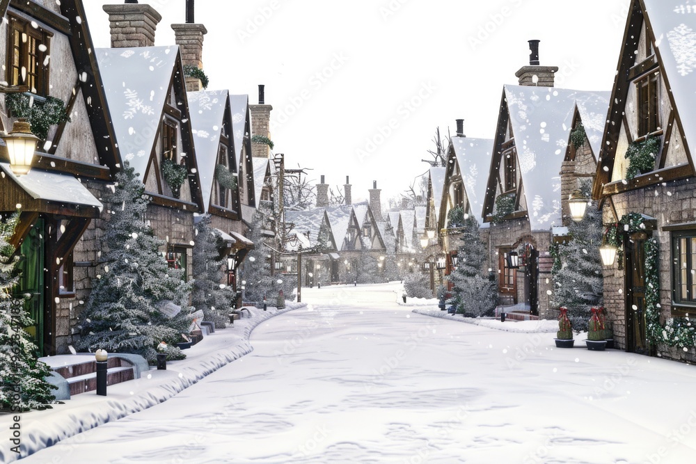 Obraz premium A quiet snowy street lined with houses covered in snow, perfect for winter scenes or holiday decorations
