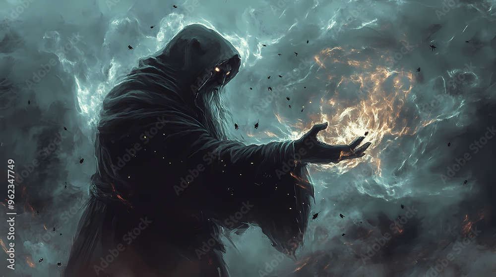 Evil sorcerer casting a spell to release the black insects from his ...