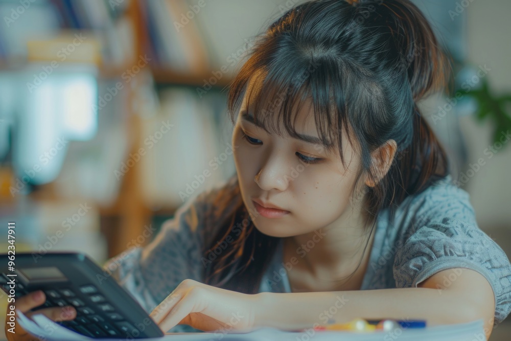 A young woman studying or calculating something on a handheld device A young woman studying or calculating something on a handheld device