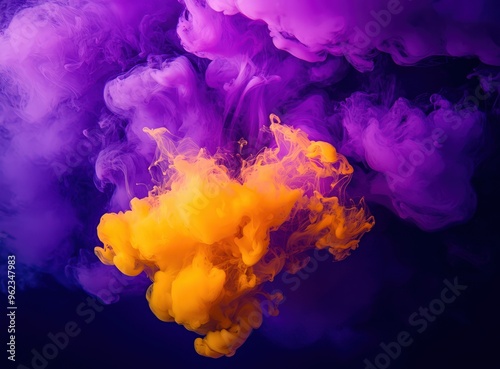 Colorful ink splash and golden smoke on black background, high-resolution and detailed.