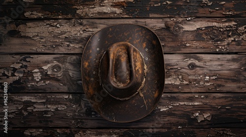 A vintage cowboy hat showcasing years of use, placed on distressed wooden planks. The combination of the weathered hat and the textured wood creates a rustic, nostalgic atmosphere, ideal for themes of