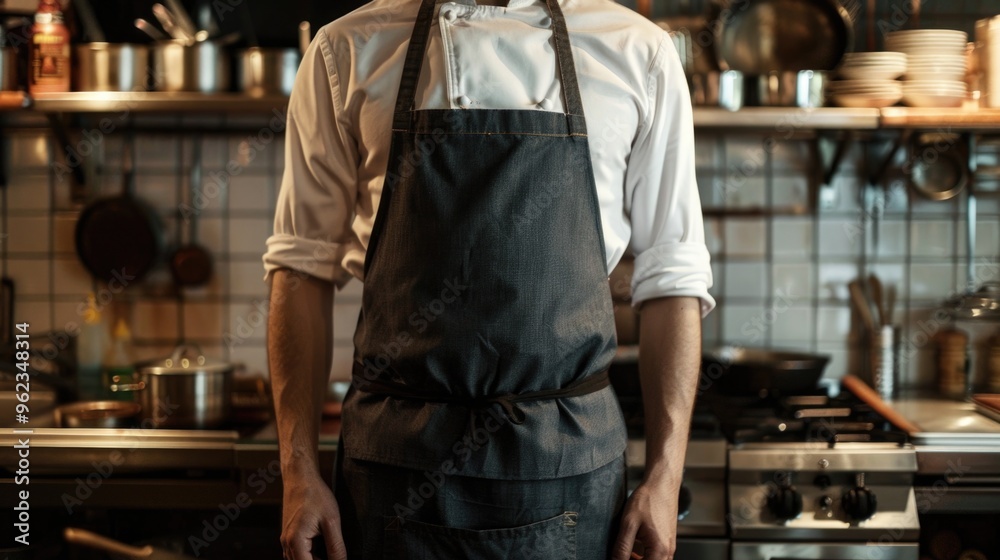 A person wearing an apron stands in a kitchen, perfect for food and cooking related images A person wearing an apron stands in a kitchen, perfect for food and cooking related images