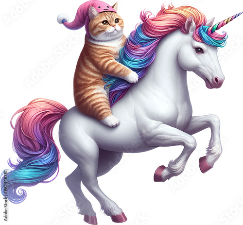 cute cartoon magic cat riding a unicorn in the clouds and rainbow