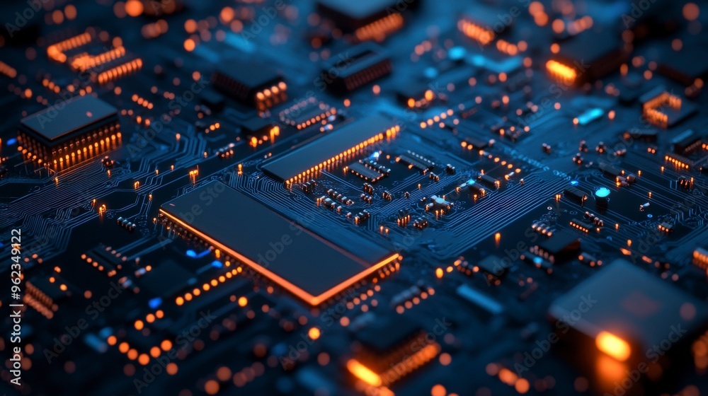 Futuristic Digital Network Circuit Board in Blue and Black Futuristic Digital Network Circuit Board in Blue and Black