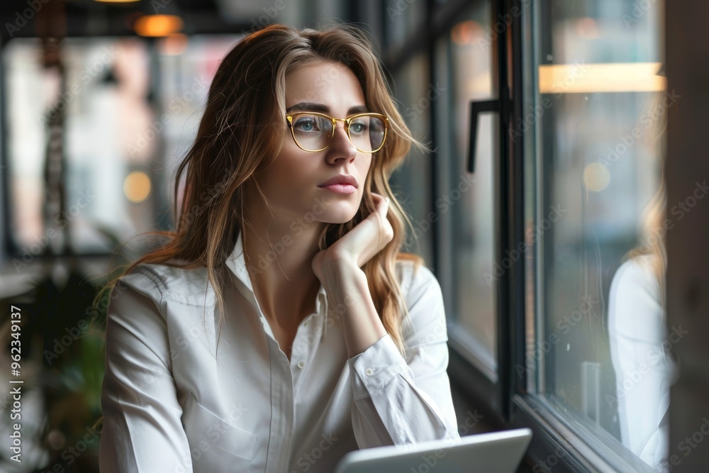 Pensive businesswoman using a touchpad while thoughtfully gazing out of her office window Pensive businesswoman using a touchpad while thoughtfully gazing out of her office window